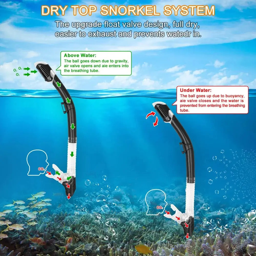 Dry top snorkel set with curved tube and mouthpiece, designed to reduce water entry