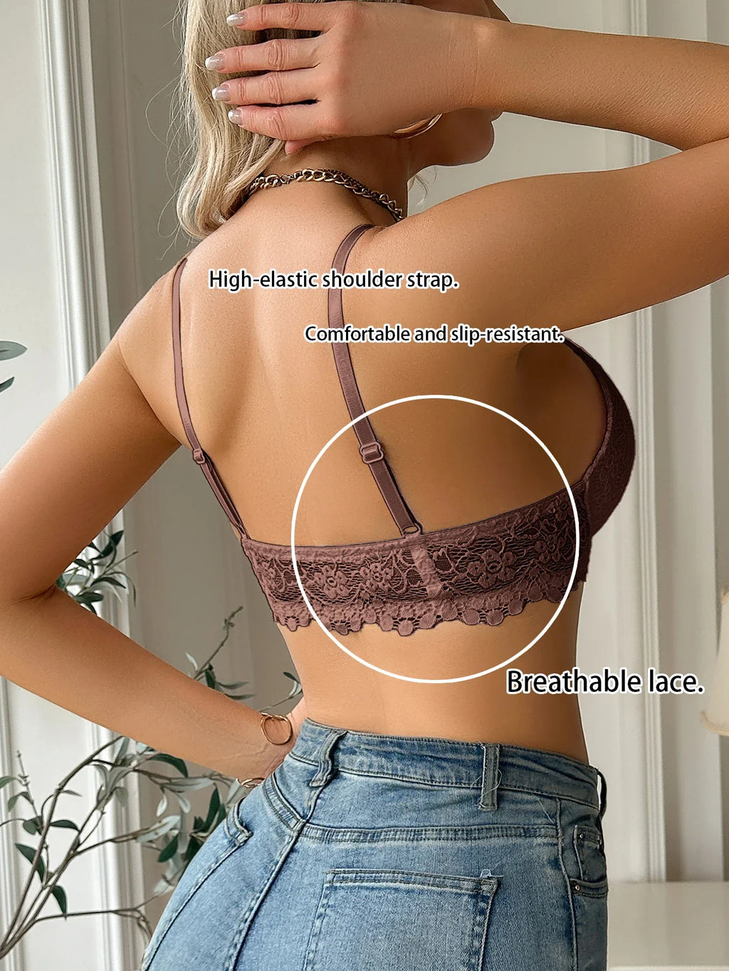 Gray lace bra with adjustable straps and breathable lace back