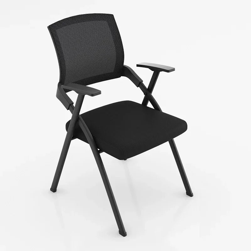 Foldable training chair with desk board, black mesh back, black seat, black side tabletop.