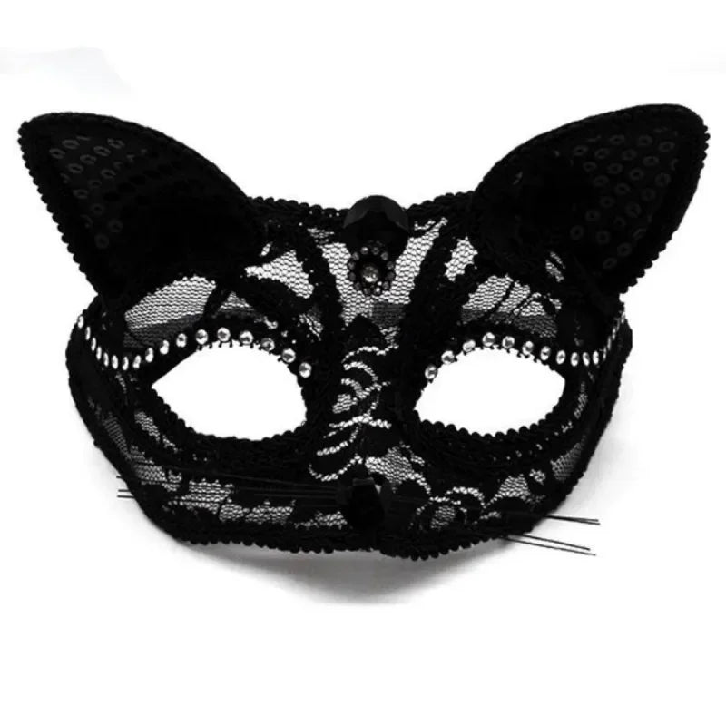 Black lace cat masquerade mask with rhinestone trim and pointed ears