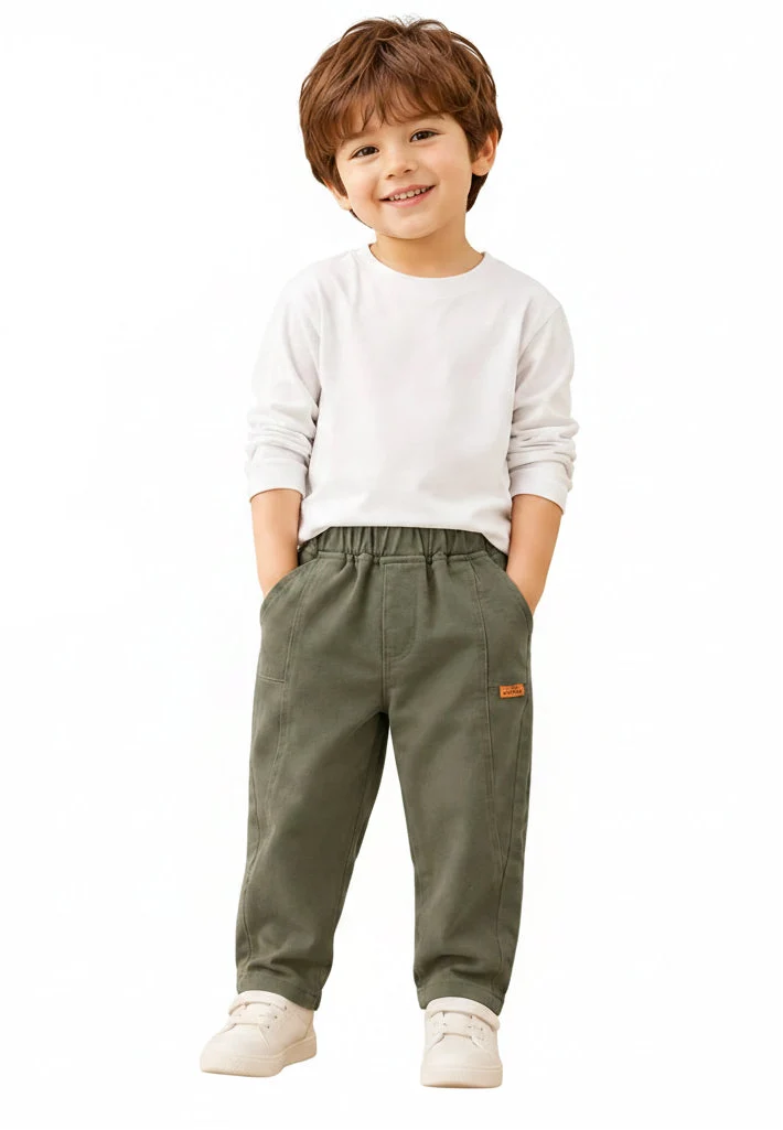 Kids cotton casual pants, dark green, elastic waistband worn with sneakers