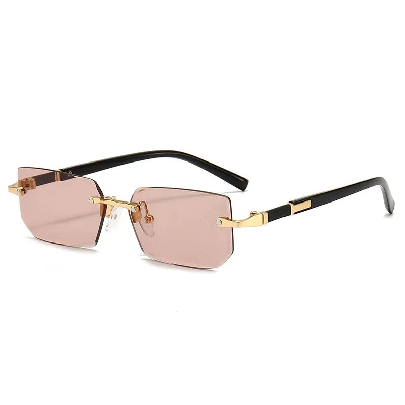Rimless rectangle sunglasses with pink lenses, black arms, gold hardware