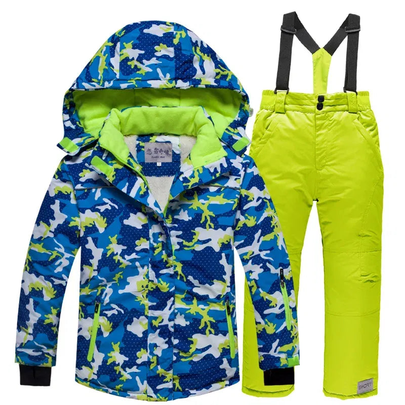 Kids blue camo ski jacket with neon green lining and lime snow bib pants