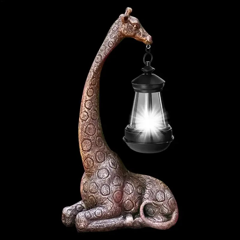 Brown resin giraffe figurine solar lantern glowing inside the clear glass globe