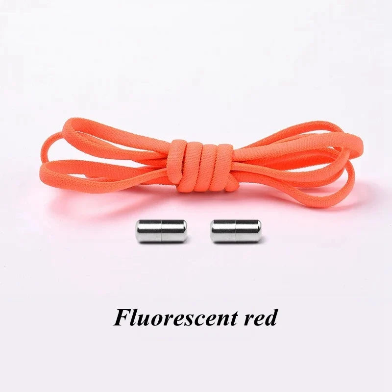 Fluorescent red elastic no-tie shoelaces with round lock caps, 1 pair.