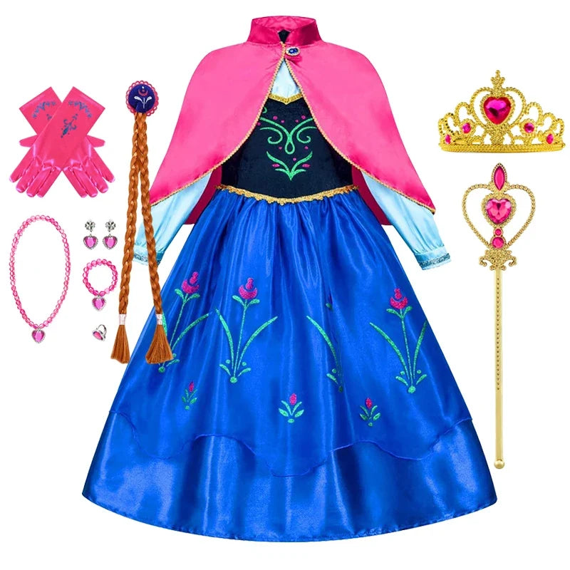 Girls princess costume dress with pink cape and blue skirt, floral embroidery