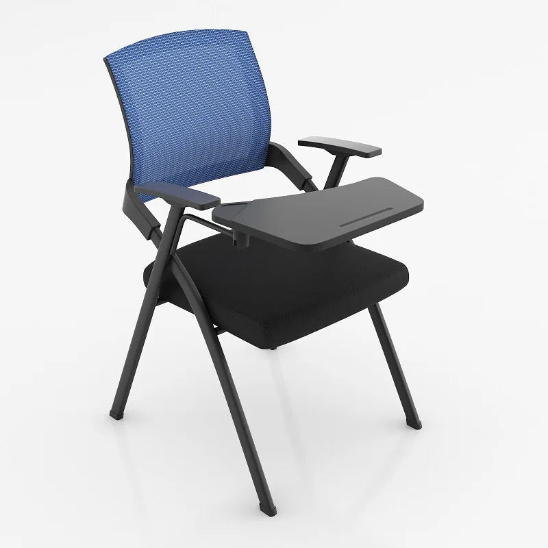 Folding training chair with desk board, blue mesh back, dark cushioned seat, black frame