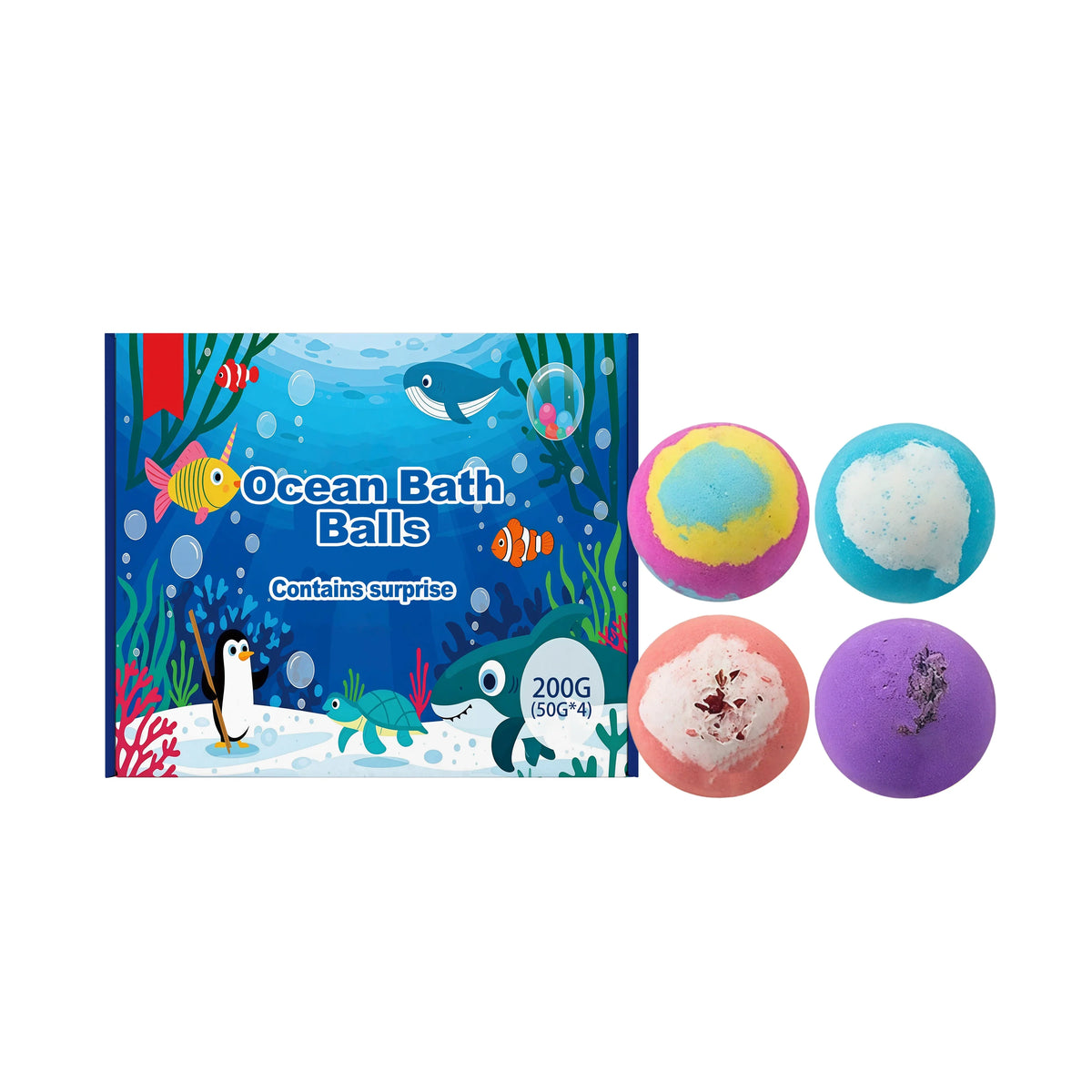 Ocean-themed bath ball set with four colorful bath bombs and matching gift box