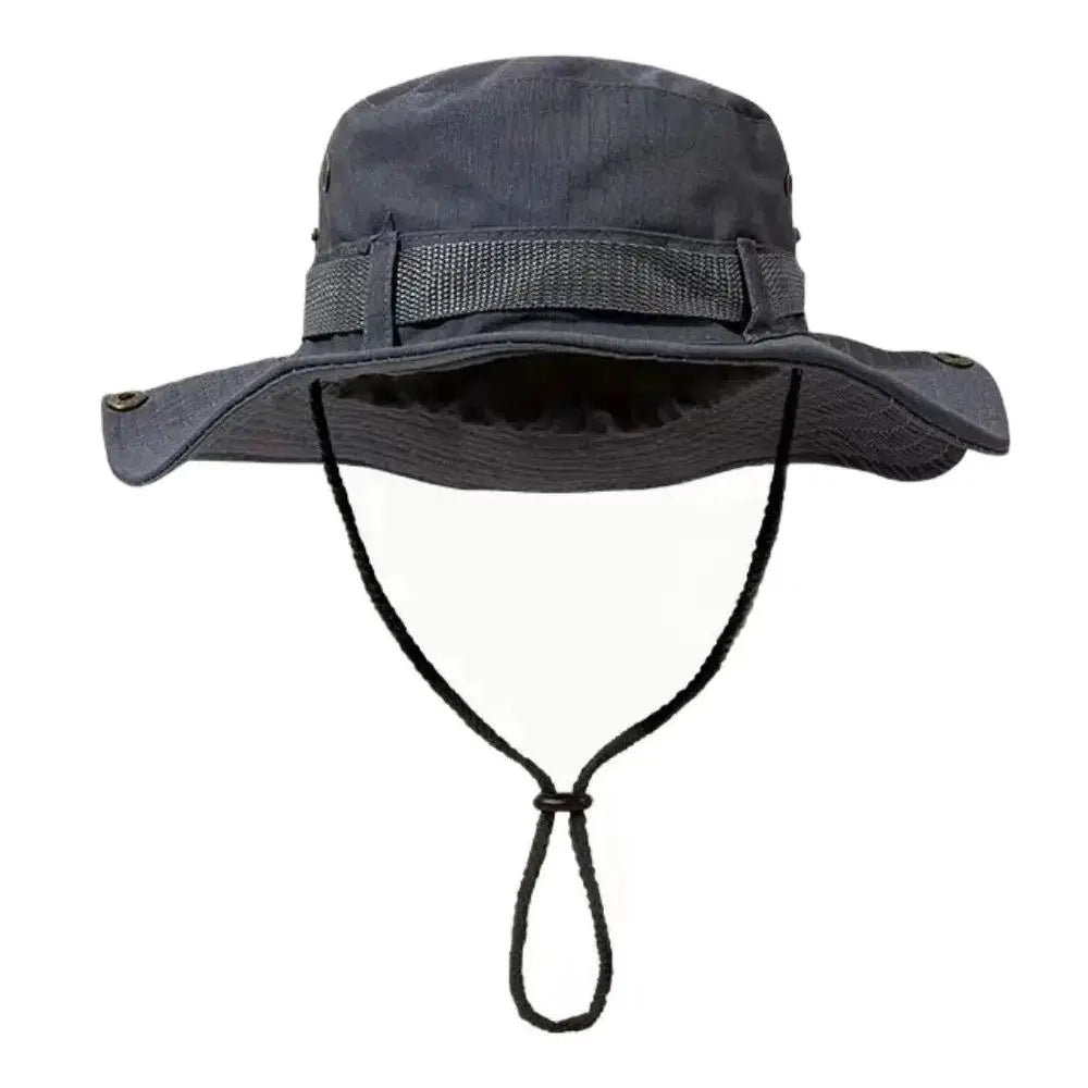 Dark grey wide-brim bucket hat with chin cord and adjustable band on white