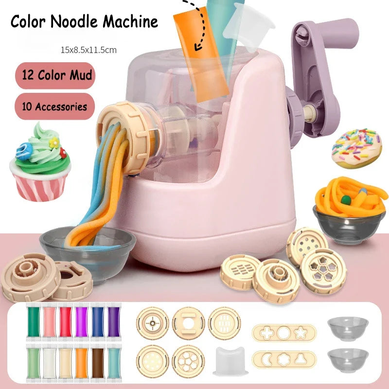 Kids clay noodle machine kit with pink extruder and colorful noodle accessories