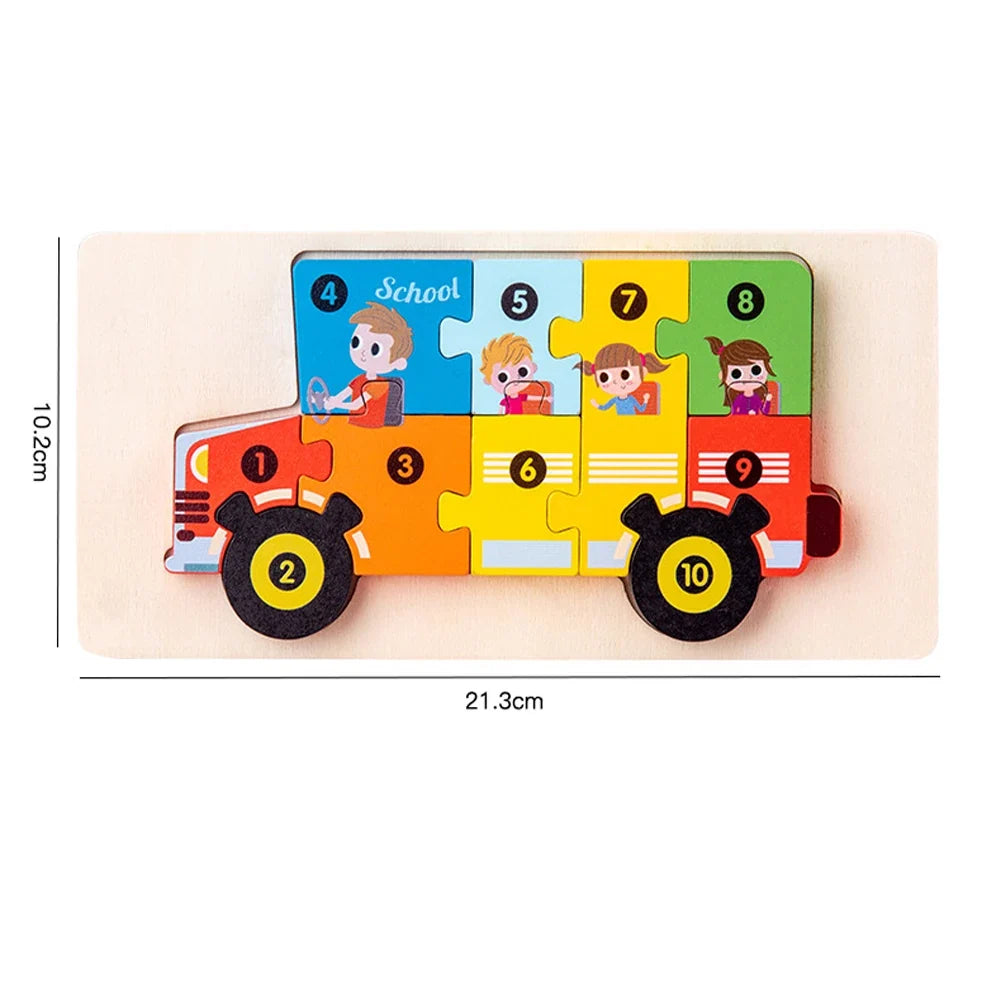 Wooden 3D school bus jigsaw puzzle with numbered pieces and child illustrations