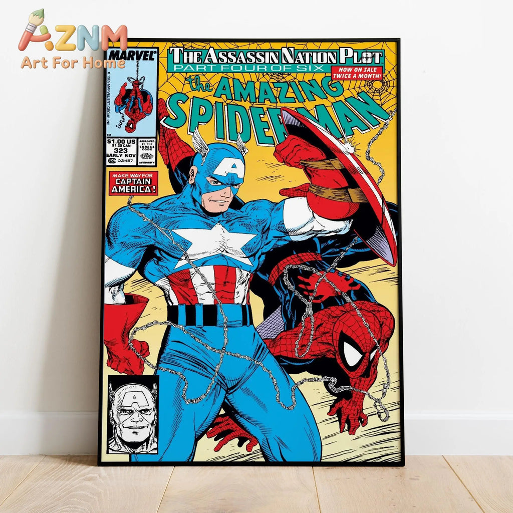Spider-Man comic canvas poster with Captain America in blue and red, Spider-Man nearby