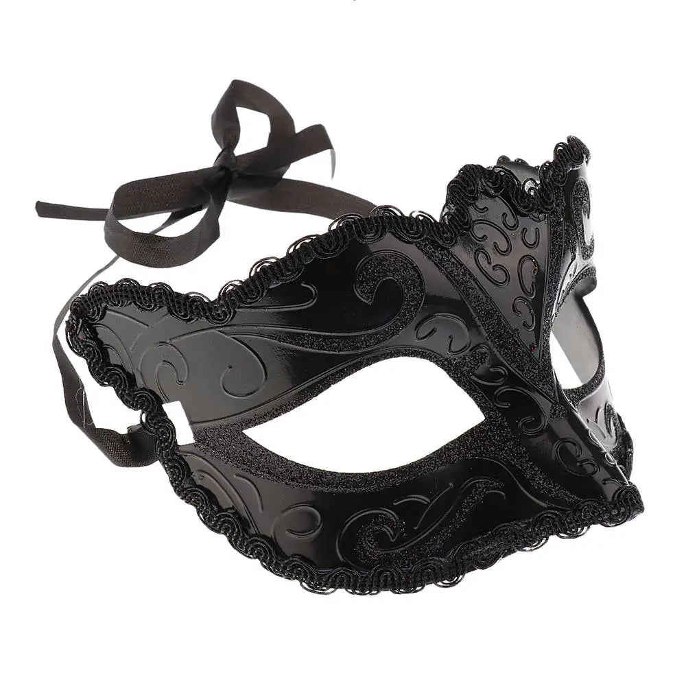 Silver and black ornate cat masquerade mask with ribbon ties