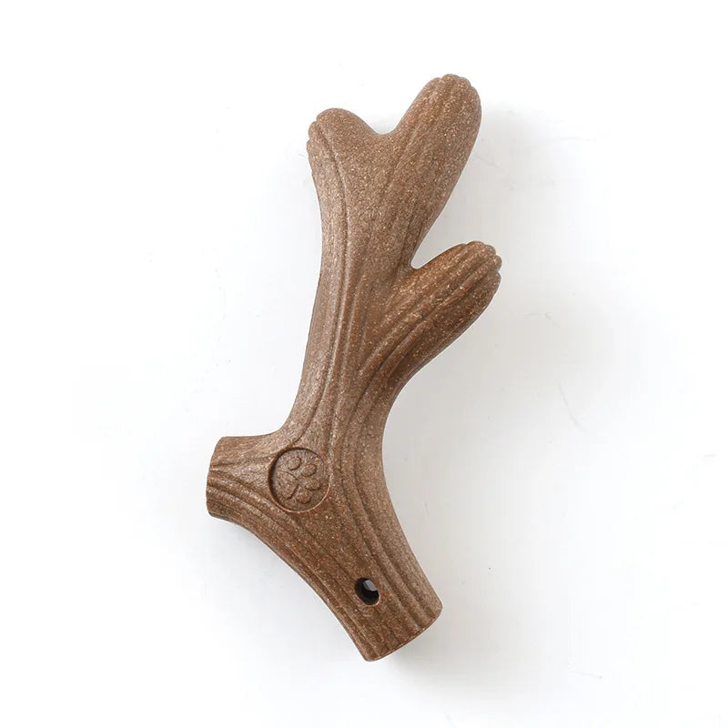 Brown antler-shaped pet teeth grinding chew toy with textured finish and round emblem