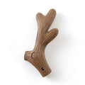 Brown antler-shaped pet teeth grinding chew toy with textured finish and round emblem