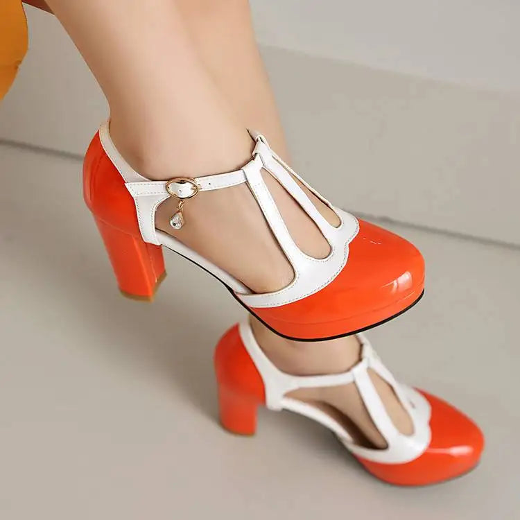 Women’s red-and-white high-heel Mary Jane shoes with T-strap and charm buckle