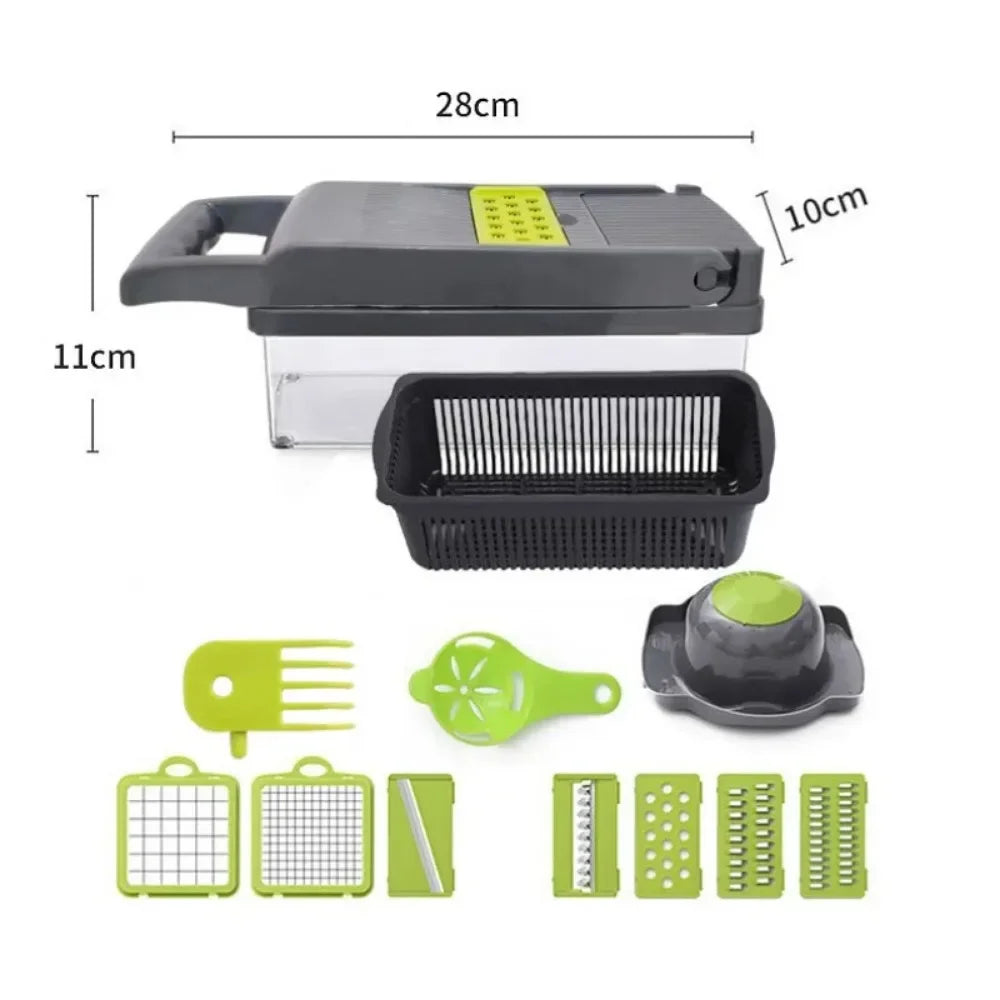 Vegetable chopper slicer with size diagram, gray body and removable green blade attachments