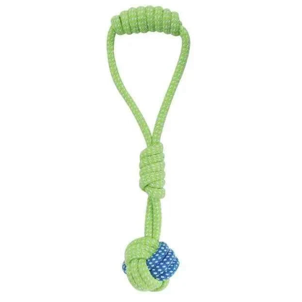 Cotton rope dog toy with green tug handle and blue-and-green ball knot