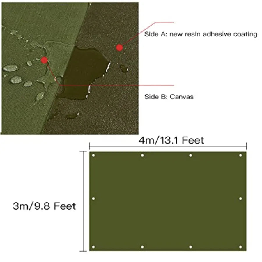 Green tarpaulin cover with reinforced grommets and size markings (4m x 3m)