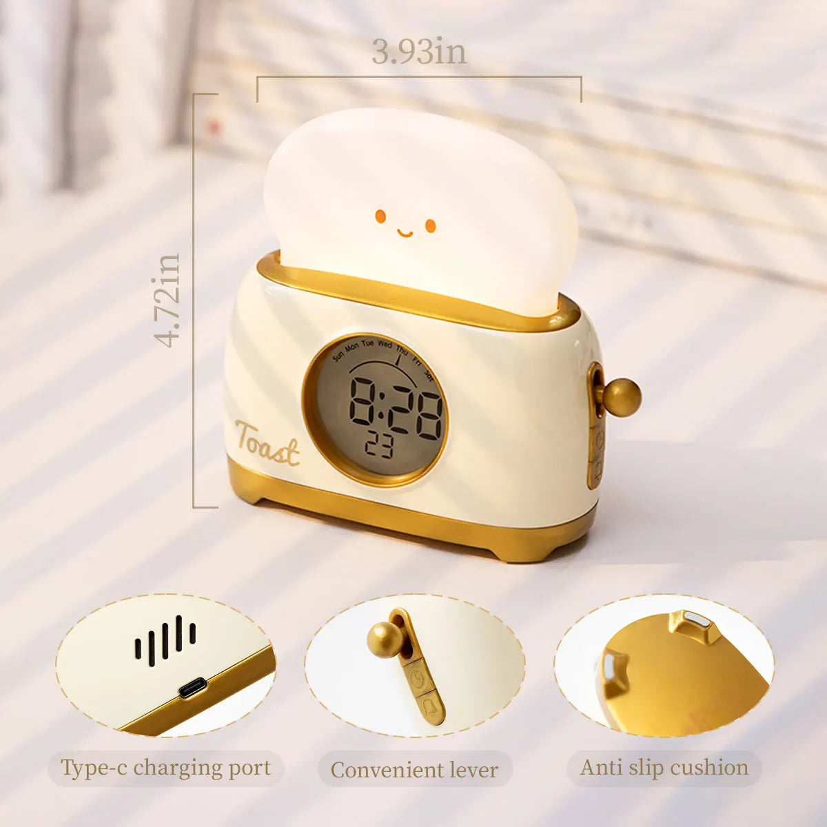 Toaster alarm clock night light with glowing dome, gold accents, and front display
