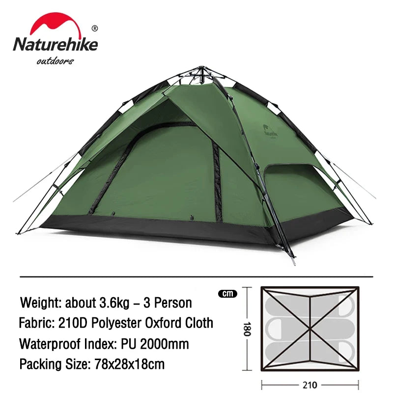 Dark green 3-person dome tent with arched entry, mesh windows, and black rainfly base