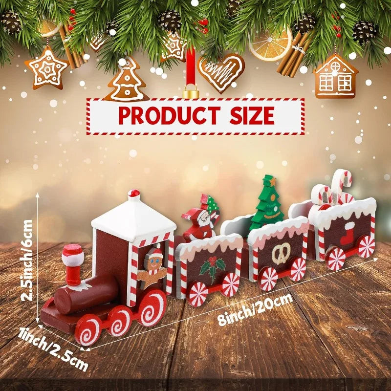 Painted wooden Christmas train set with red chimney engine and candy cane pattern cars