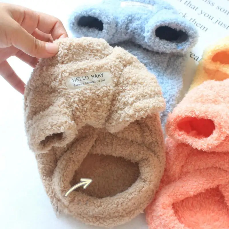 Plush dog sweater with hood and paw cutouts, tan with “HELLO BABY” patch
