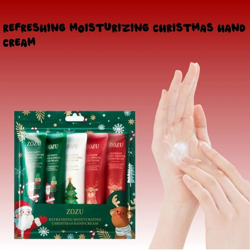 Hand cream gift set with festive box and white cream on raised hands