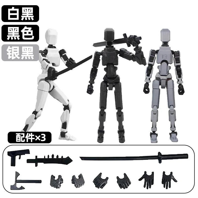 Black, white, and gray multi-jointed robot action figure set with accessories and parts