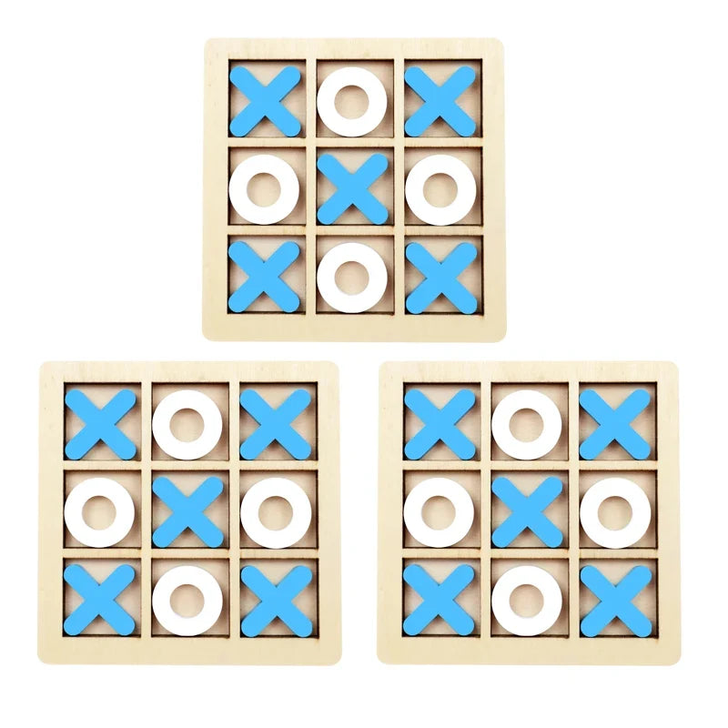 Wooden tic-tac-toe puzzle board set, blue X and white O pieces