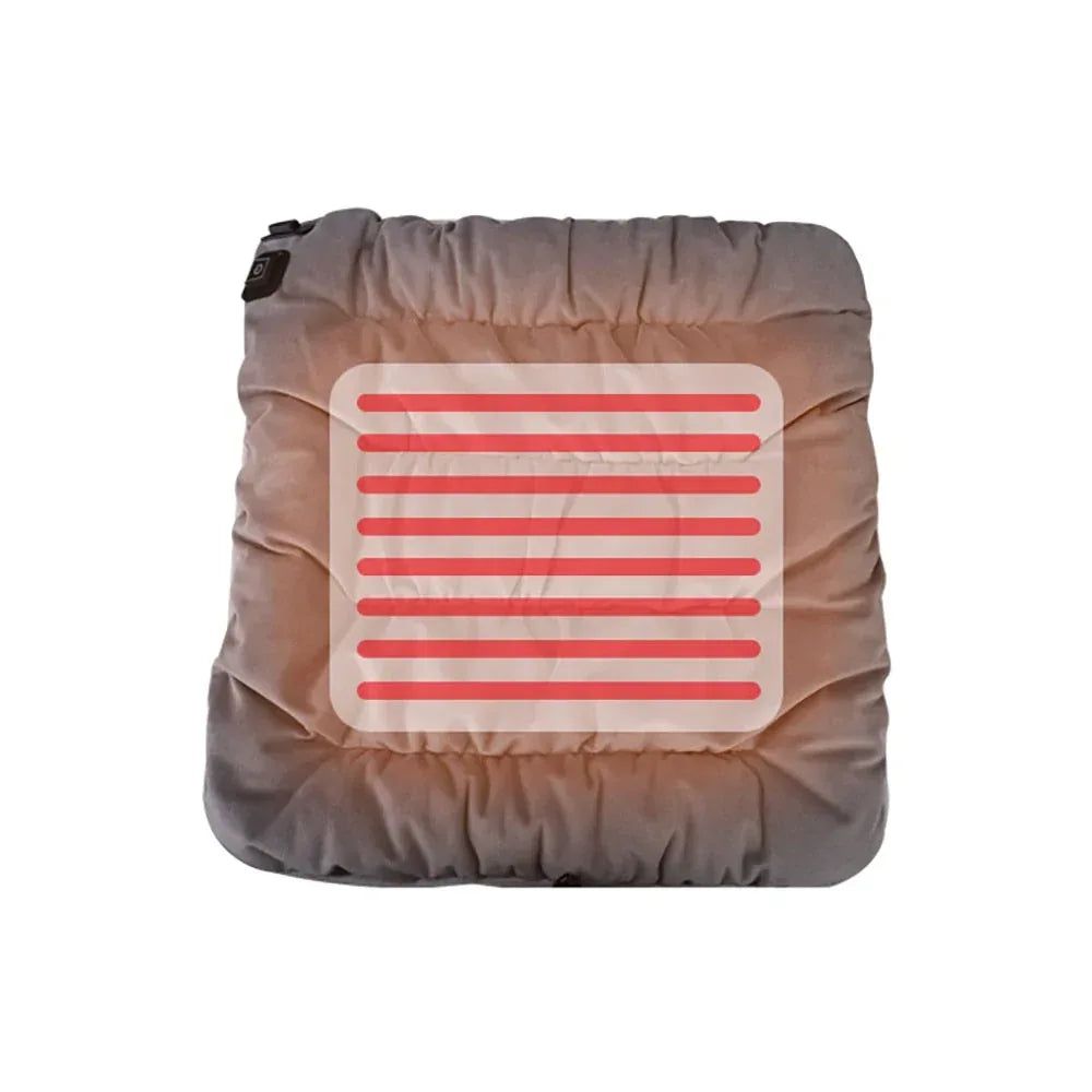 Gray heated cushion pad with glowing heating grid display on the surface.