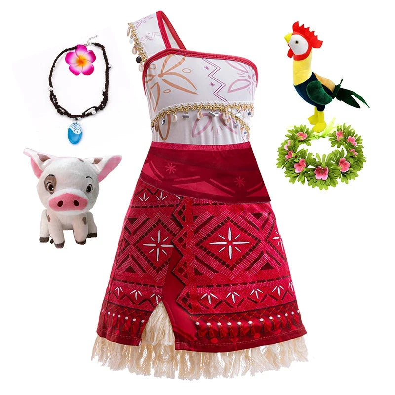 Girls' red layered Halloween costume dress with white printed bodice and faux fur trim