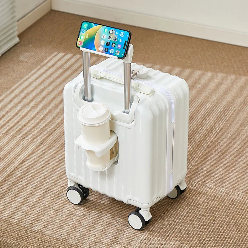 Lightweight carry-on suitcase in white with phone holder and cup holder, rolling wheels