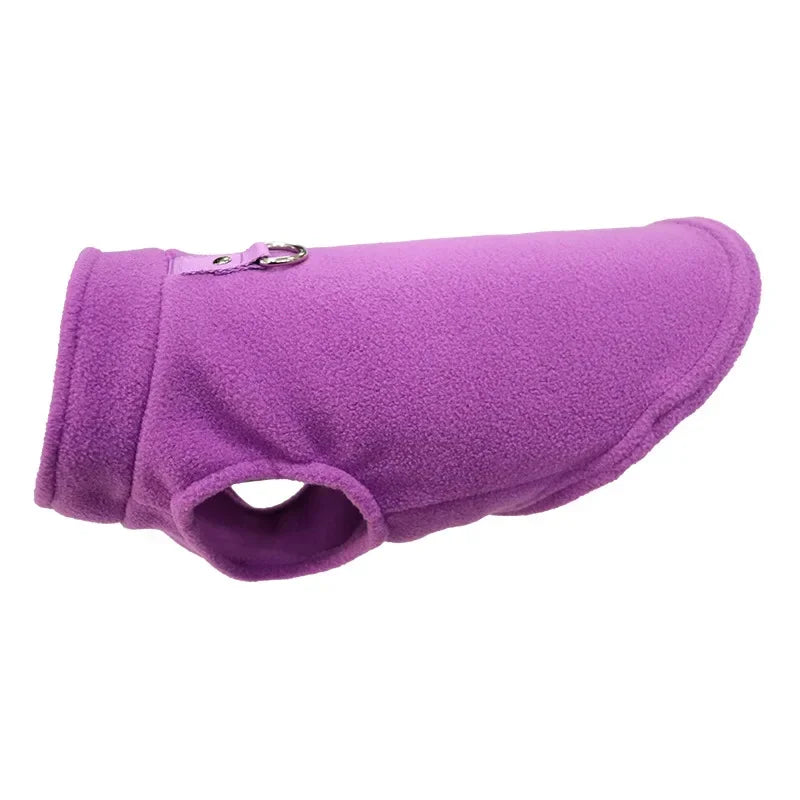 Purple fleece dog winter jacket with D-ring and front neck opening