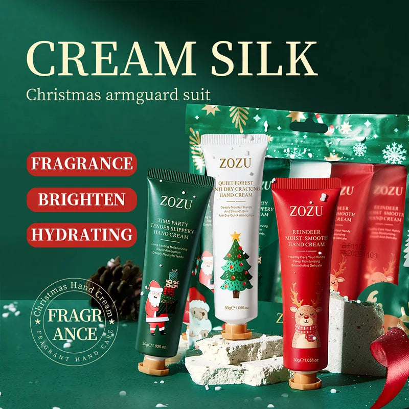 Set of Christmas hand cream tubes in green and red with gold caps on holiday packaging
