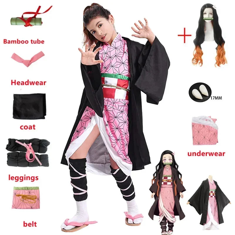 Adult cosplay costume with pink geometric kimono dress, black haori, striped leg wraps, long wig