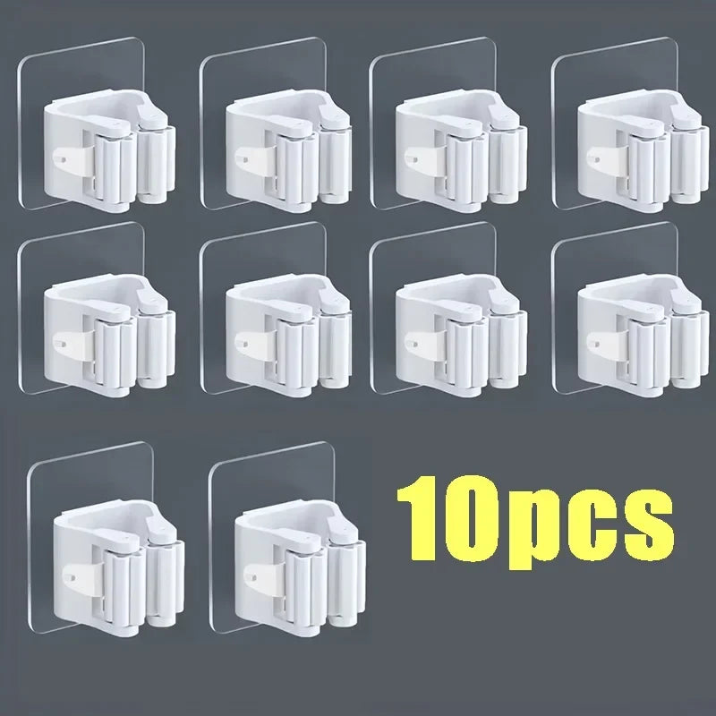 Set of 10 white wall-mounted mop and broom holder clips