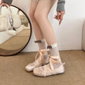 Women's pink satin ballet shoes with ribbon lace-up bows and square toe