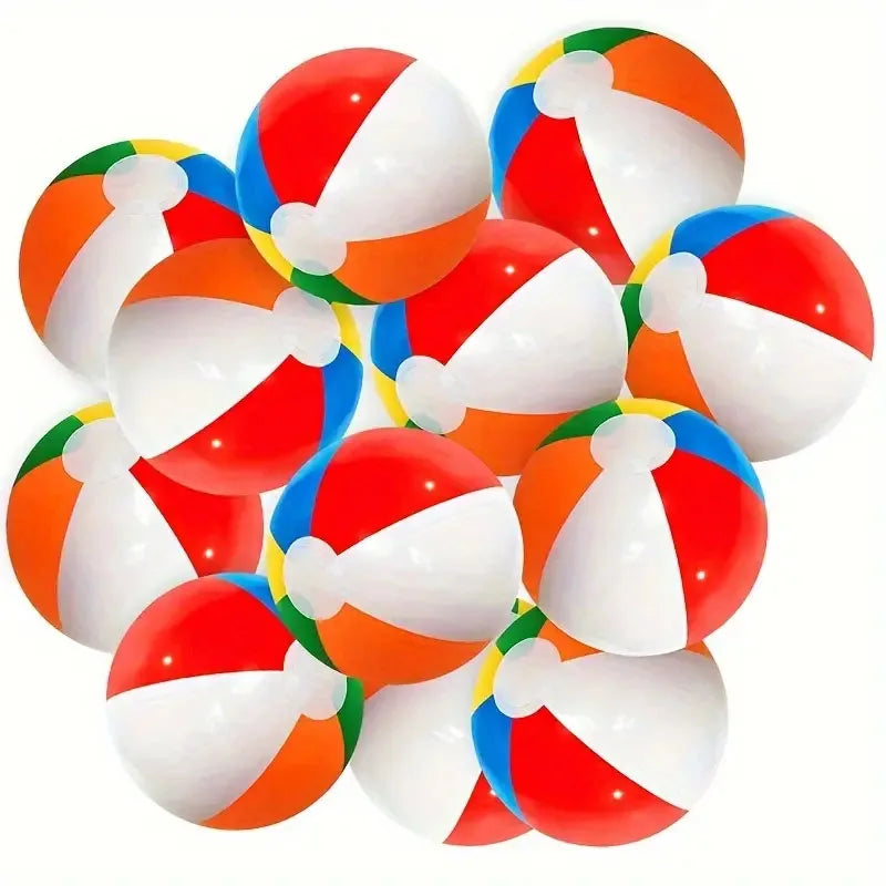Set of colorful inflatable beach balls with white four-blade pinwheel pattern