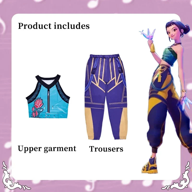 Girls Zoey Rumi Mira cosplay set: blue vest with graphic, purple trousers with gold lines