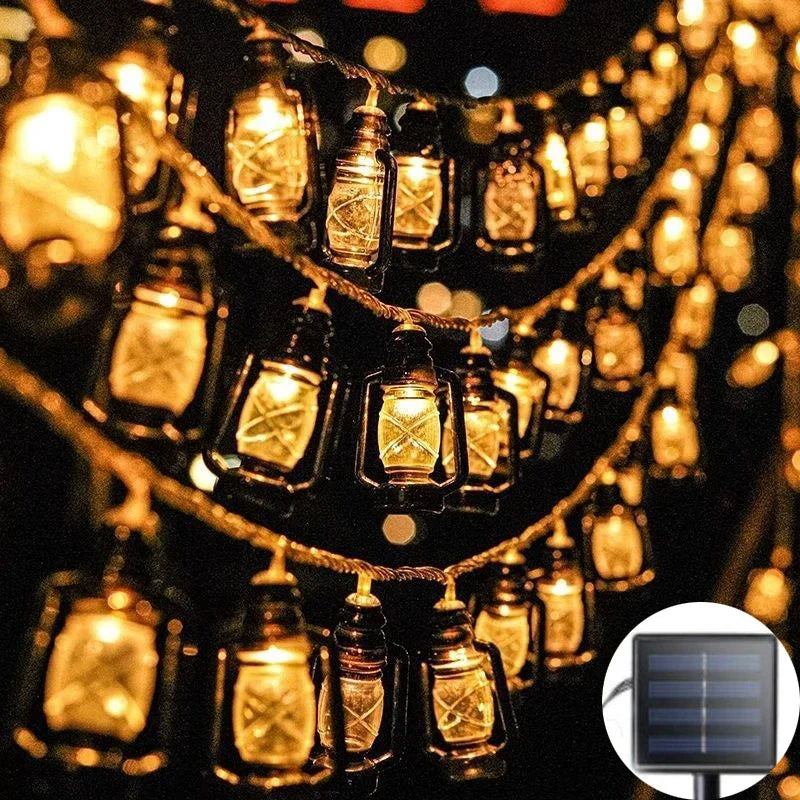 Solar lantern light string with bottle-shaped glass lamps and solar panel icon overlay