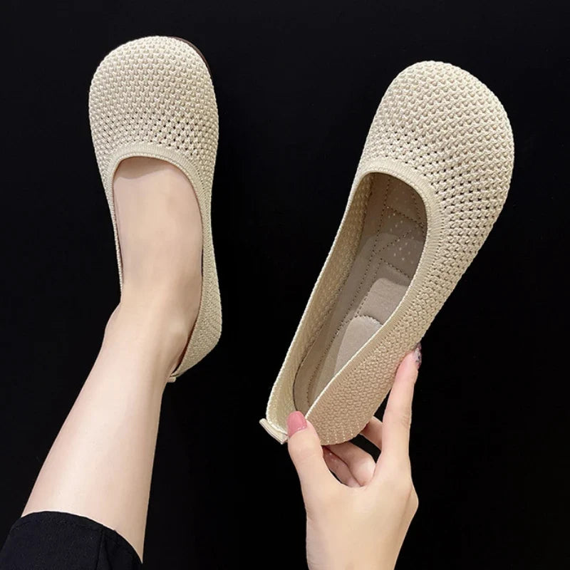 Women’s knit slip-on flats in light cream, breathable mesh upper, soft insole