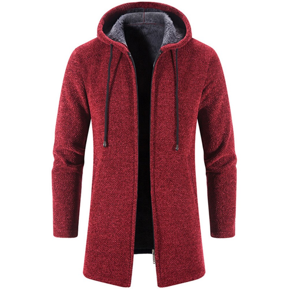 Men's hooded cardigan coat in burgundy knit, front zipper, drawstring hood