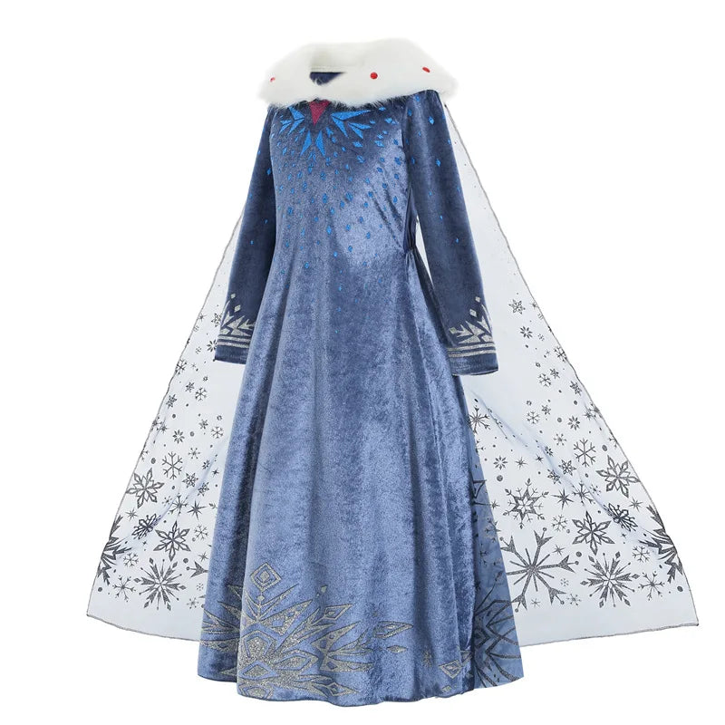 Girls blue A-line snowflake dress with white collar and flared skirt
