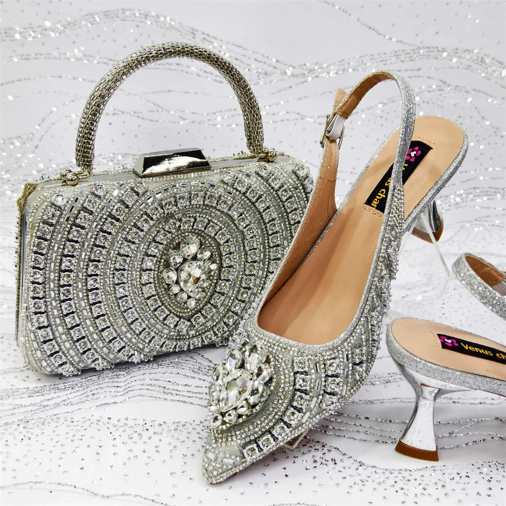Silver rhinestone pointed-toe slingback wedding heels with beaded bow, matching handbag set