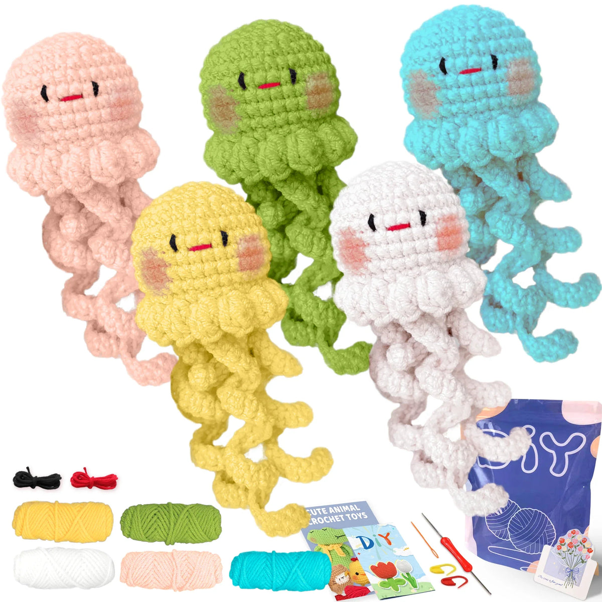 Crochet animal plush set with five cute octopus-like characters in pastel colors