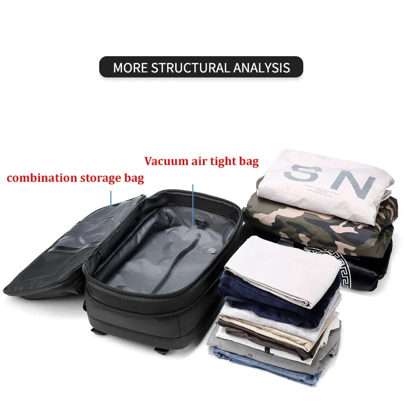 17-inch laptop backpack with vacuum compression style storage bags and compartments.