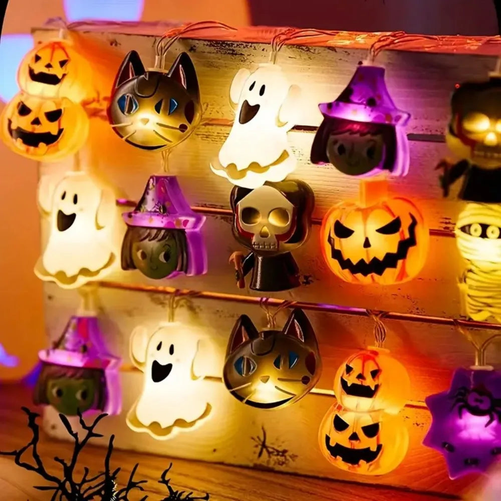 Halloween LED light string with glowing cat, ghost, bat, witch hat, and jack-o’-lantern bulbs