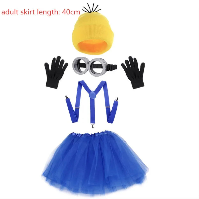Halloween costume accessory set: yellow beanie, blue tutu skirt, goggles and black gloves