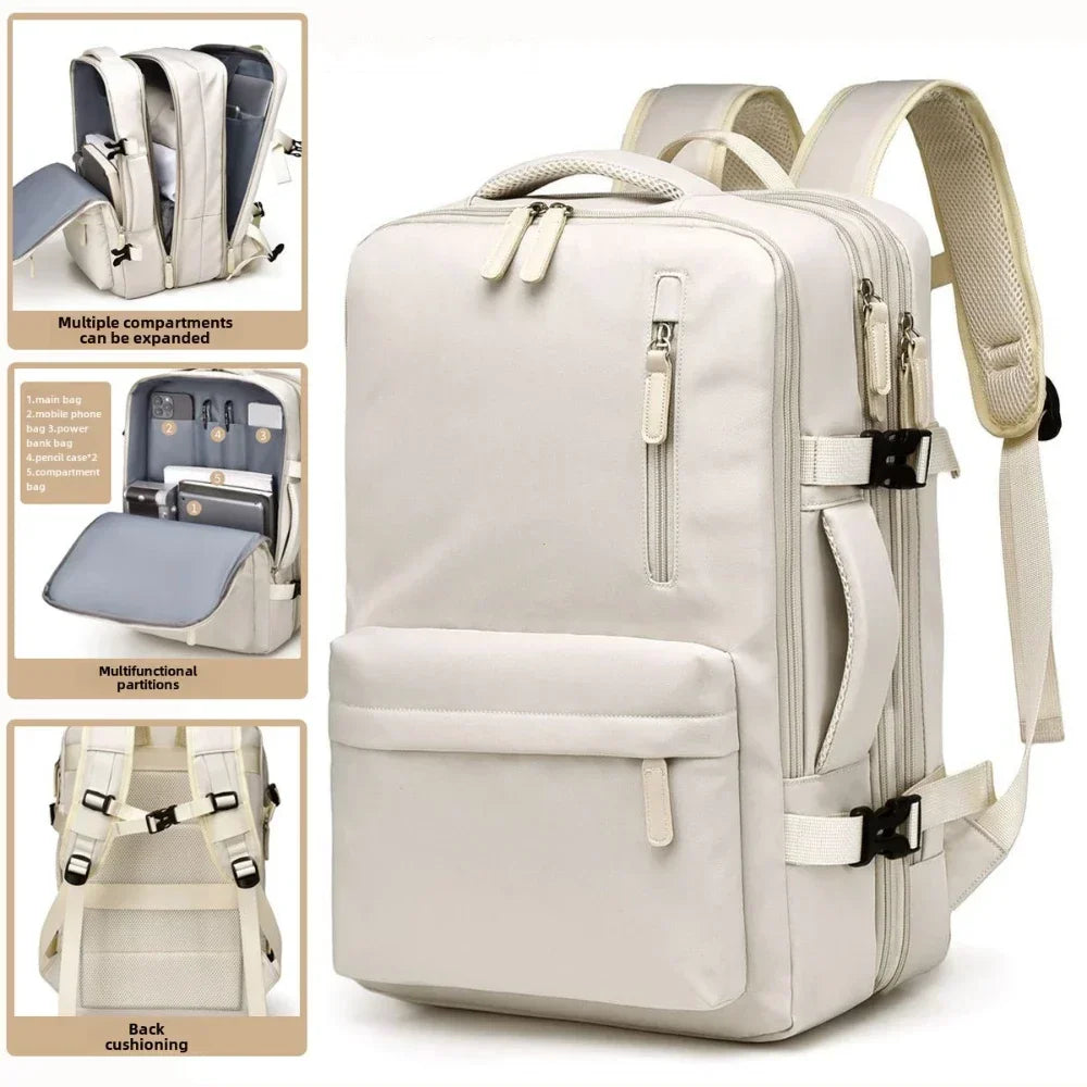 Expandable white cabin hand-luggage backpack with top handle and front flap pocket